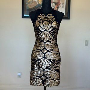 Bebe Black and Gold Sequin Mesh Bodycon Mini Cocktail Dress Size S/P